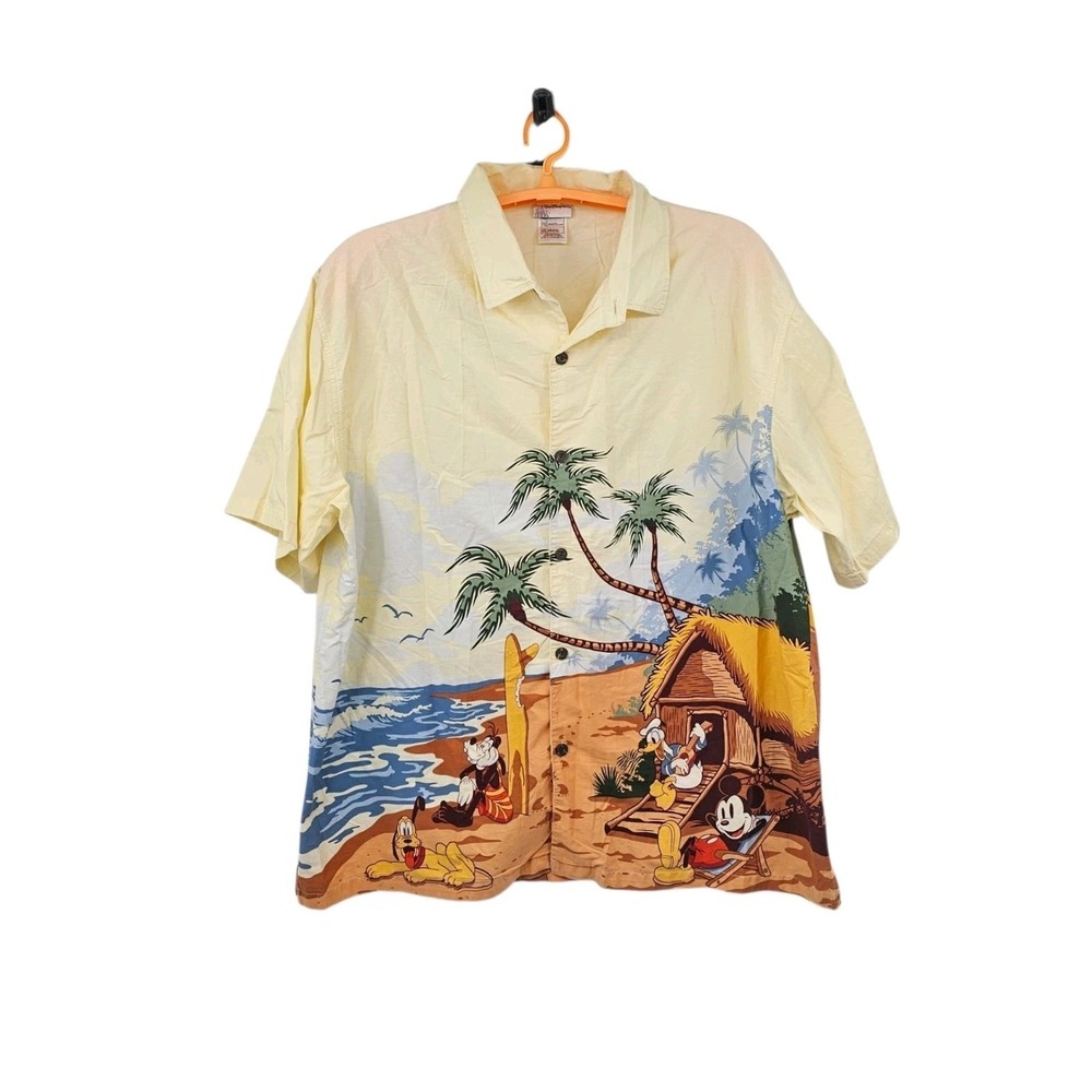 Vintage Walt Disney World Hawaiian Shirt XXL Yellow Mickey Donald Goofy Beach